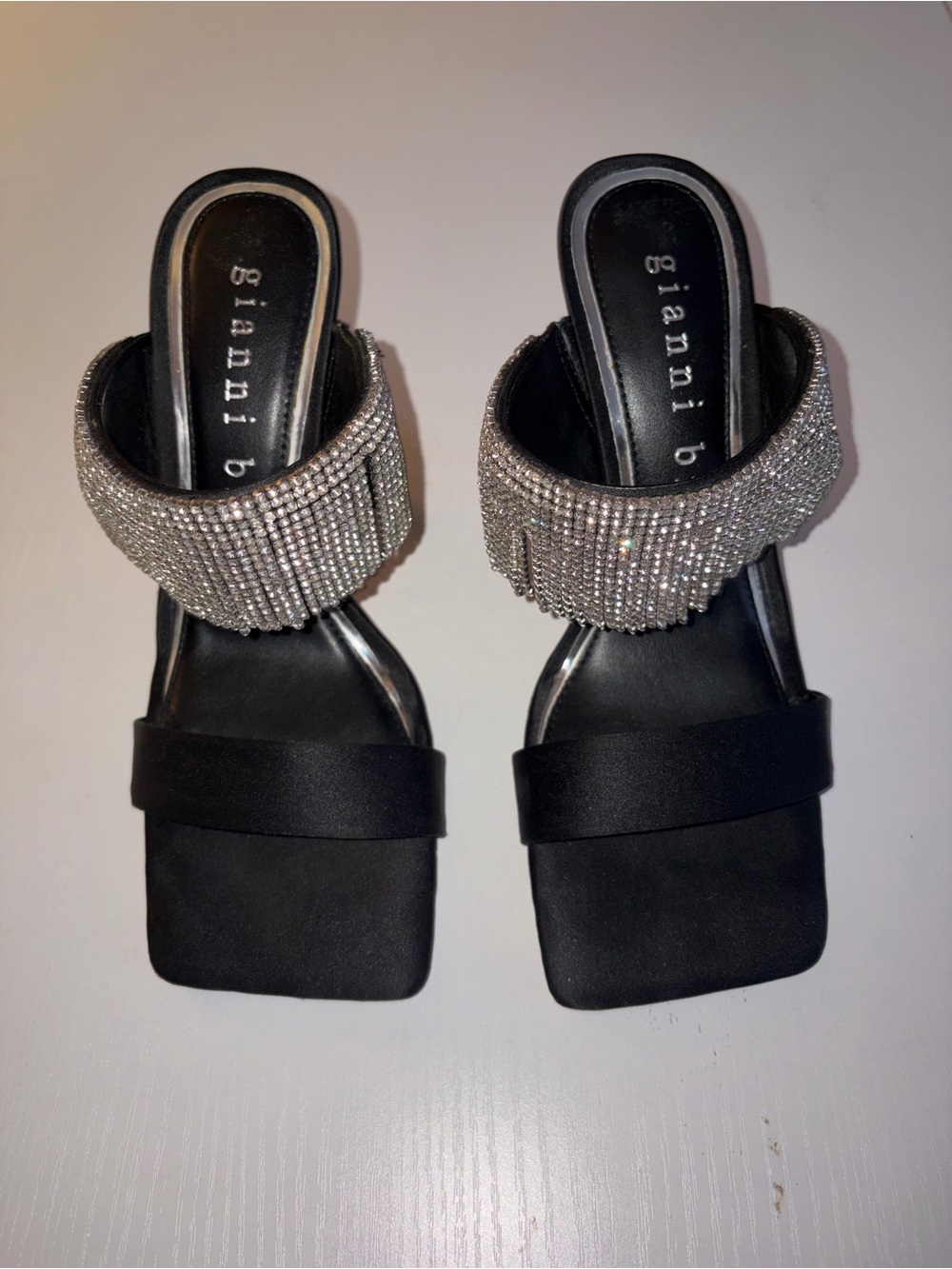 Gianni Bini Black Satin Mules with Crystal Fringe Strap - Picture 1 of 3